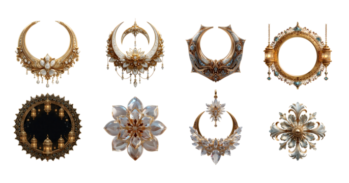 Elegant collection of Islamic design elements including crescent moons, ornate frames, and floral motifs rendered in gold and white on transparent background - Powered by Adobe