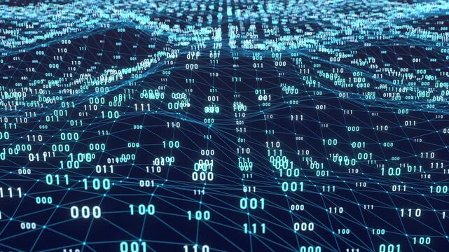 Binary code, big data, digital connection, plexus. Blue polygons, wire frame, network, science, vector,  futuristic, system, digital, abstract. 3D animation