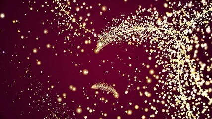 Abstract animation showing streams of glowing golden particles and bokeh lights swirling and flowing on a dark red background, creating magical feather like patterns and elegant trails - Powered by Adobe