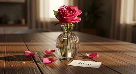 A captivating shot of a vibrant red rose in a clear glass vase on a wooden table, with scattered petals around, conveying warmth and beauty