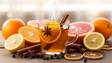 Steaming hot tea with fresh orange, lemon, and spices on a rustic wooden table for a healthy immunity boost concept and cozy autumn vibe, with copy space