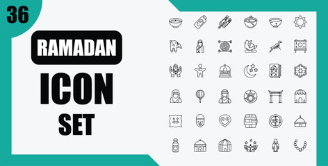 Ramadan icon set featuring various line icons on transparent background silhouette