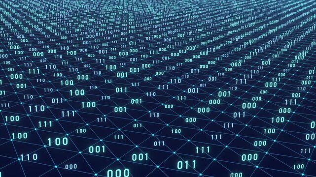 Binary code, big data, digital connection, plexus. Blue polygons, wire frame, network, science, vector,  futuristic, system, digital, abstract. 3D animation