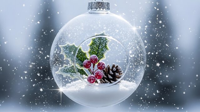 Clear glass Christmas ornament with frosted holly, red berries, and pine cone, filled with snow, sparkling against a snowy background for a festive winter magic concept.