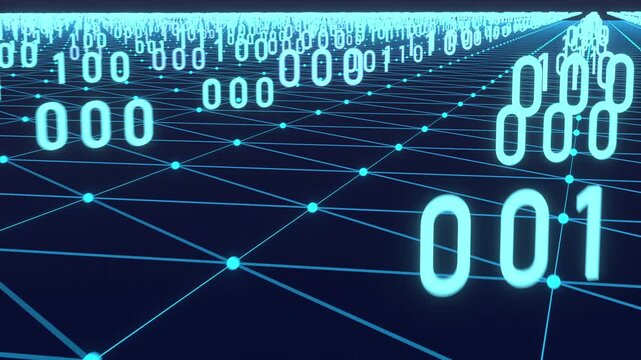 Binary code, big data, digital connection, plexus. Blue polygons, wire frame, network, science, vector,  futuristic, system, digital, abstract. 3D animation