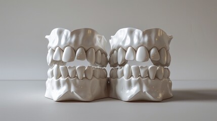 Models of dentures with perfect symmetry showcase modern dental technologies, suitable as an atmospheric backdrop for medical presentations and clinic advertising.