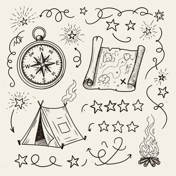 Adventure camping elements compass map tent campfire stars doodles.