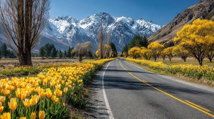 A road curves through a field of yellow flowers, toward snow-capped mountains under a clear blue sky