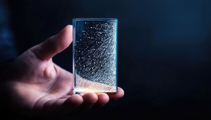 A hand holds a glowing glass object with a particle effect against a dark blue background. The image has a futuristic and abstract feel.