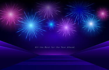 Stage fireworks background for new year celebration. Vector template for anniversary, Independence day, banner, party.