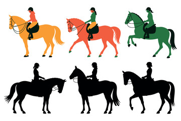 Illustration of horses with riders in different colors and black silhouettes