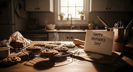 Cozy kitchen scene with freshly baked cookies for Mother's Day, evoking feelings of warmth and love