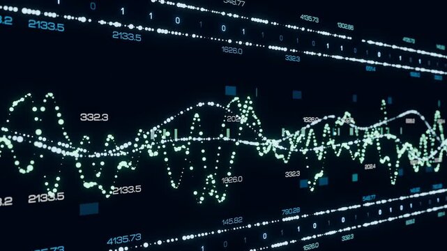 Abstract sine waves, noise, encrypted data, frequency, oscillator function, lines, science, and experimentation. Screen displaying laboratory data and sine curves, analysis, technology. 3D animation