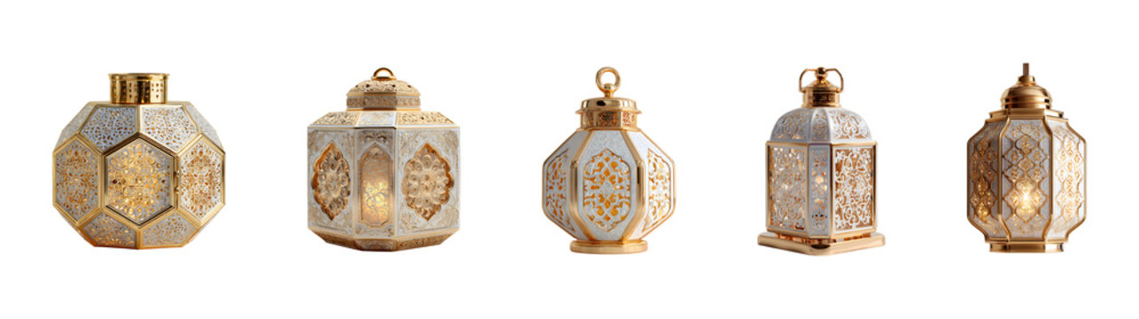 Collection of ornate islamic lanterns in white and gold, featuring intricate patterns and geometric designs, perfect for ramadan or eid celebrations, on a checkered background