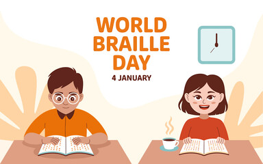 Illustration celebrating world braille day on 4 january with two children reading braille book at desk, concept of disability awareness and inclusion