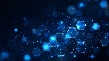 Glowing blue hexagonal structure floats in a dark digital space with bokeh effects