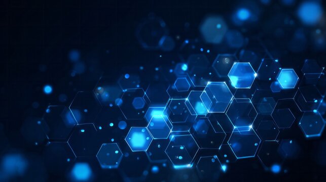 Glowing blue hexagonal structure floats in a dark digital space with bokeh effects