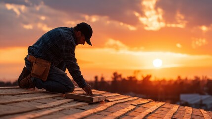 A roofer works on a rooftop during a sunset with warm hues and a soft focus