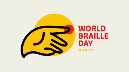 Graphic illustration for world braille day on january 4th featuring a stylized hand reading a braille dot against a yellow circle background