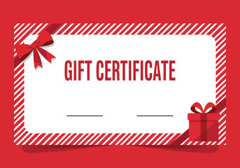 Festive red gift certificate design with bows and gift box for special occasions and promotions