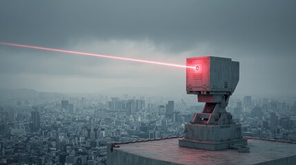 A rooftop turret emitting a red laser beam over a sprawling cityscape under a gray sky