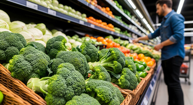 Fresh broccoli in basket at the supermarket for healthy lifestyle choices