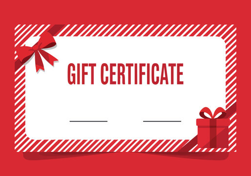 Festive red gift certificate design with bows and gift box for special occasions and promotions
