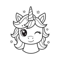 Cute Winking Unicorn Head Outline – Kawaii Fantasy Illustration, Adorable Unicorn Face Line Art with Stars, Cartoon Magical Unicorn Outline for Coloring Pages