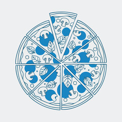 Blue outline pizza illustration with mushroom and basil toppings on a light background for food-related design content