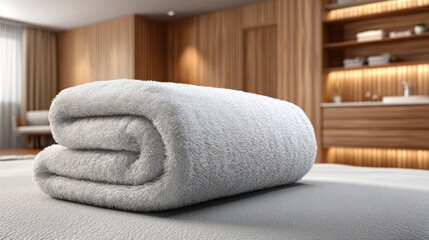 A rolled white towel on a spa treatment bed in a room with warm wooden walls and shelves