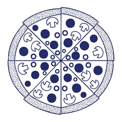Stylized graphic illustration of a whole sliced pizza with toppings on a clean white background perfect for culinary design projects