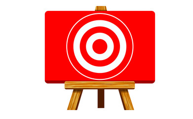 Red and white bullseye target icon on wooden easel for business goals, isolated on transparent background, png