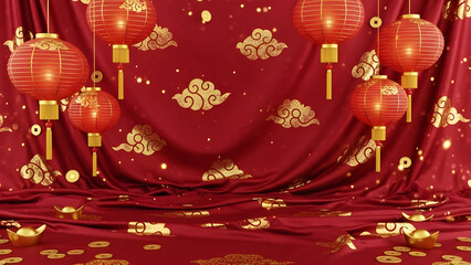 Fototapeta premium Festive Red Chinese New Year Backdrop with Lanterns, Gold Clouds, and Coins for Celebratory Occasions