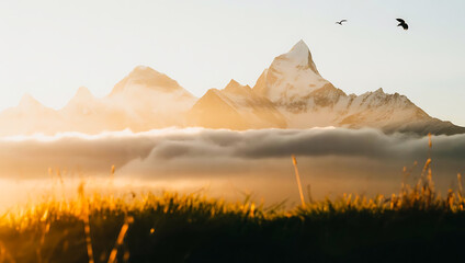 Misty mountain peaks emerge from foggy valley at sunrise