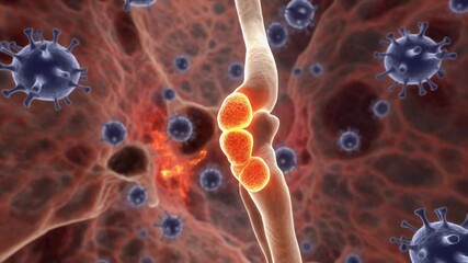 Microscopic view of Coronavirus particles and infectious disease spreading within human cells and biological tissue, illustrating viral infection and contagion in a medical animation, 3D render - Powered by Adobe