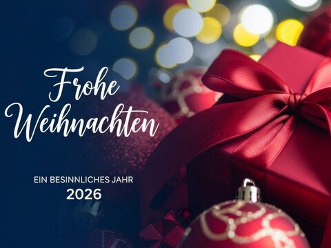 Frohe Weihnachten Christmas Greeting With Red Gifts And Ornaments