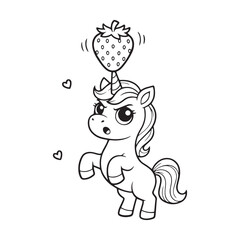 Funny Unicorn Outline with Strawberry on Horn – Cute Cartoon Illustration, Angry Kawaii Unicorn Line Art for Coloring Pages, Playful Magical Unicorn Outline with Hearts