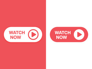 Two different styles of "Watch Now" buttons with a play icon are displayed on a split red and white background.