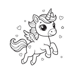 Cute Flying Winged Unicorn Outline – Kawaii Pegasus Unicorn Illustration, Adorable Cartoon Unicorn Line Art with Hearts and Stars, Magical Unicorn Outline for Kids Coloring Pages