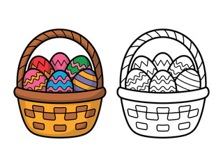 Two Easter baskets filled with colorful, decorated eggs, one colored and one for coloring.
