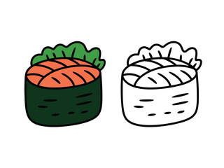Two sushi rolls are displayed side-by-side, one in color and the other as a simple line drawing outline.