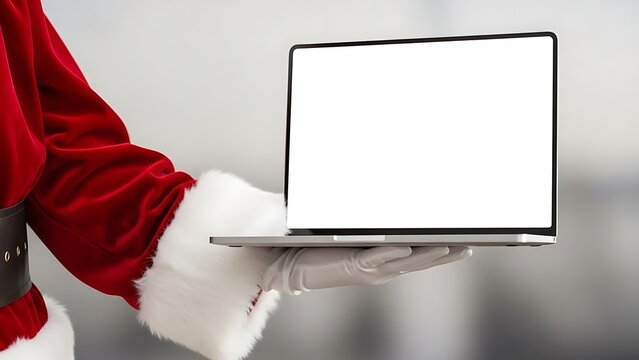 Santa claus holding a laptop with a blank white screen for christmas advertising and holiday promotions with space for your message and design - Powered by Adobe