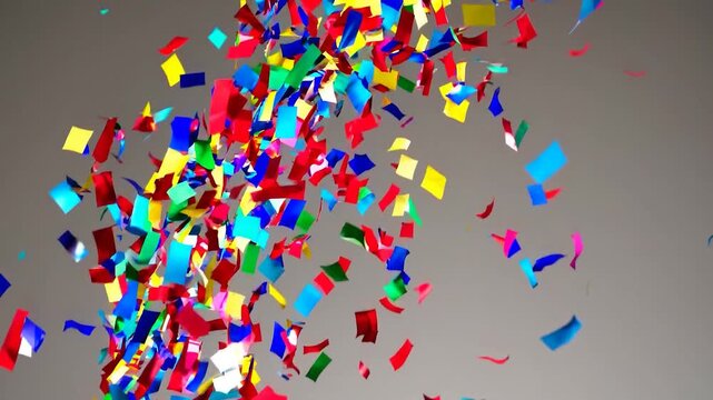 Colorful confetti cascades in shimmering motion against a neutral gray backdrop, creating a joyful, festive scene perfect for parties, celebrations, announcements, and events