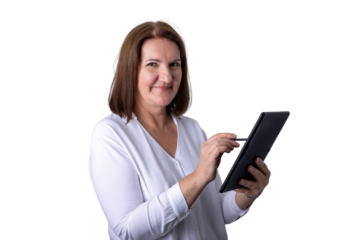 Woman using digital tablet with stylus smiling