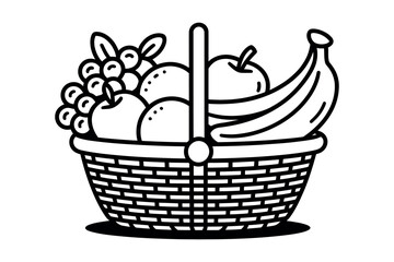A black and white drawing of a basket filled with various kinds of fruit inside it