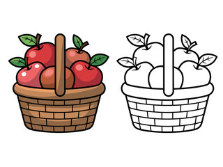 A woven basket overflowing with ripe red apples is presented alongside its black and white outline for coloring.