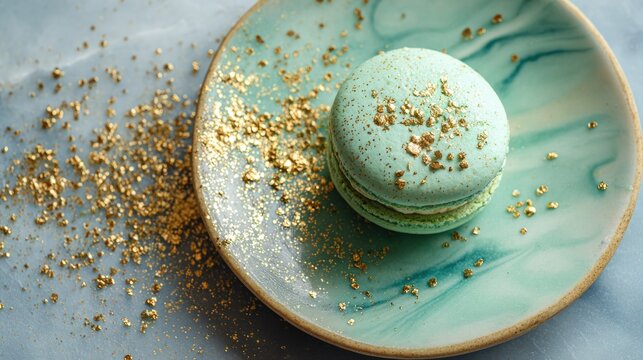 Closeup of a mint green macaron on a decorative plate with gold sprinkles