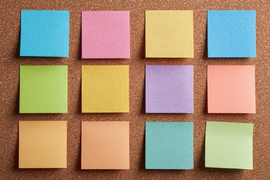 Colorful sticky notes on corkboard