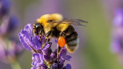 Macro Shot of Bumblebee on Lavender Flower Gathering Pollen in Summer Garden with Blurred Green Background Capturing Beauty of Nature in Vibrant Colors at Golden Hour Light - High quality
