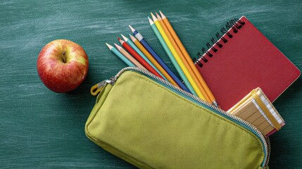 Green pencil case, colorful pencils, red notebook, and apple on chalkboard